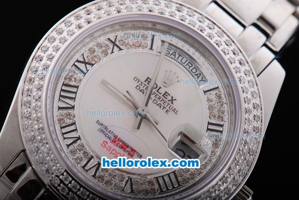 Rolex Day-Date Oyster Perpetual Automatic Full Diamond Bezel with White and Diamond Dial,Roman Marking-Big Calendar - Click Image to Close